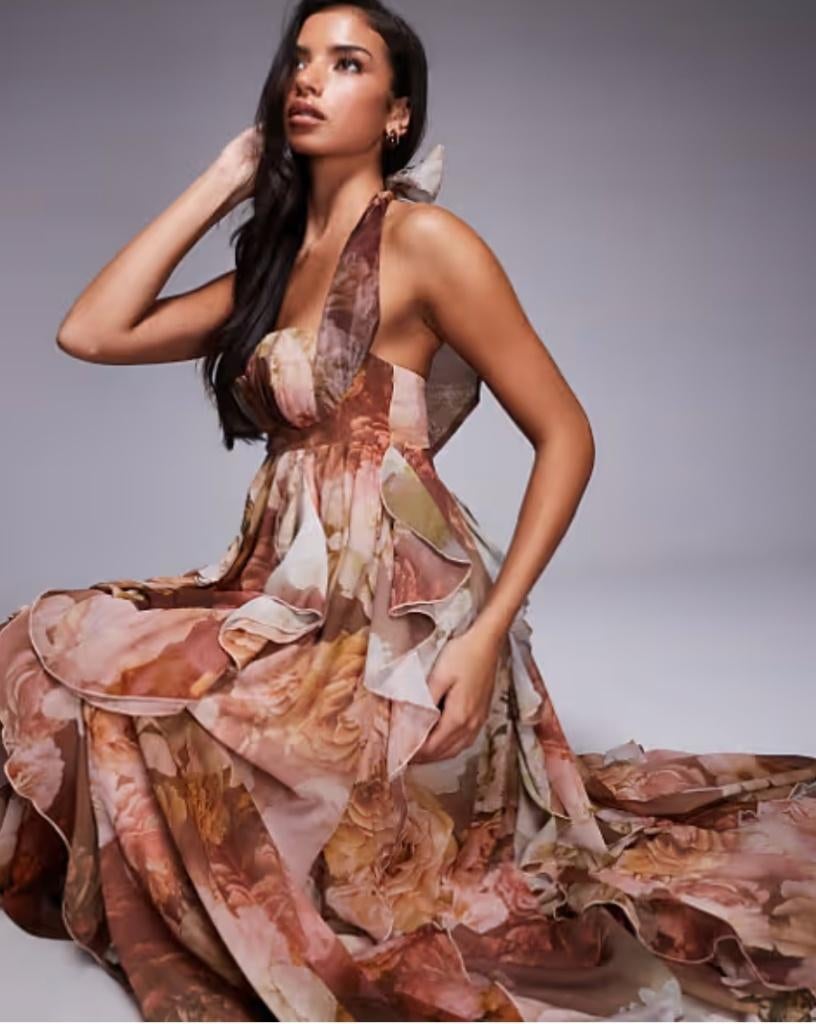 Robe longue licou ASOS LUXE à imprimé floral marron, Neuf, Robe de gala, Taille 38/40 (M), Enlèvement ou Envoi