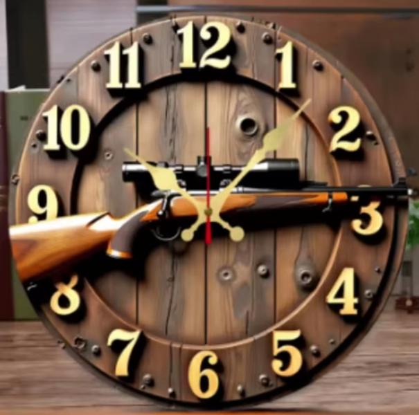 Horloge murale ronde en bois Fusil de chasse (25cm), Enlèvement ou Envoi, Neuf, Horloge murale