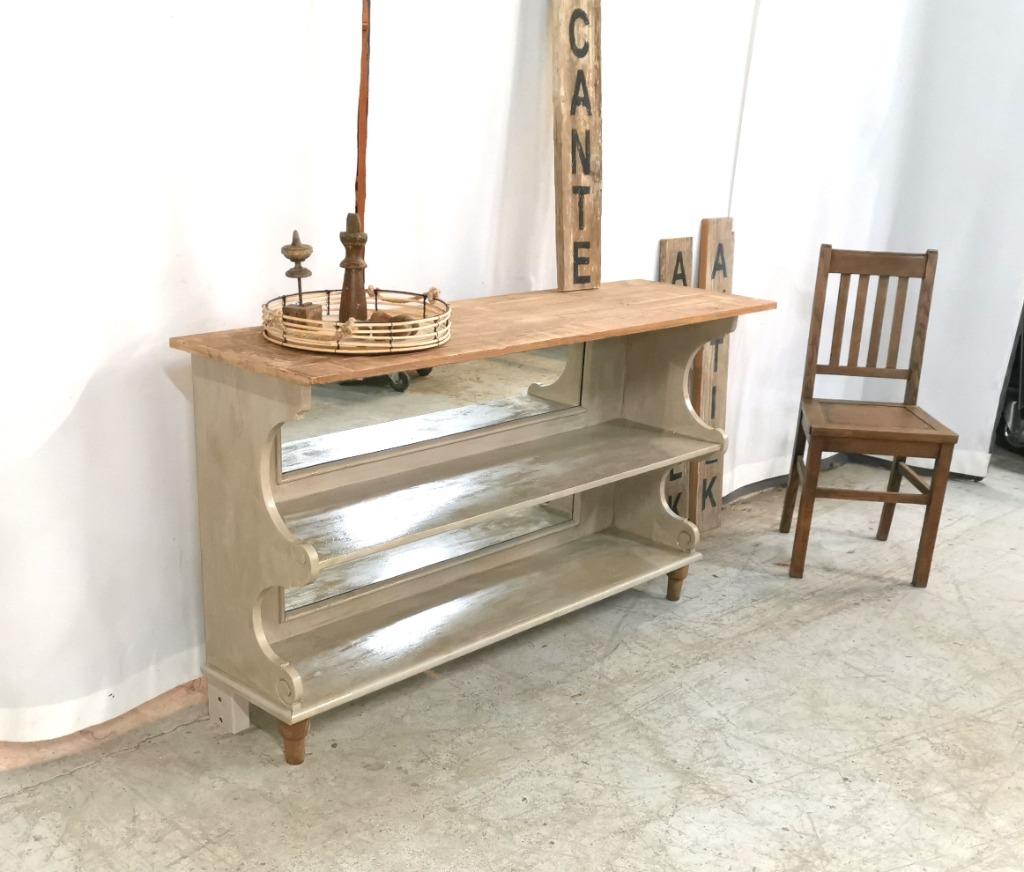 Antieke brocante muurtafel/console +naturel grenen blad L145, Ophalen