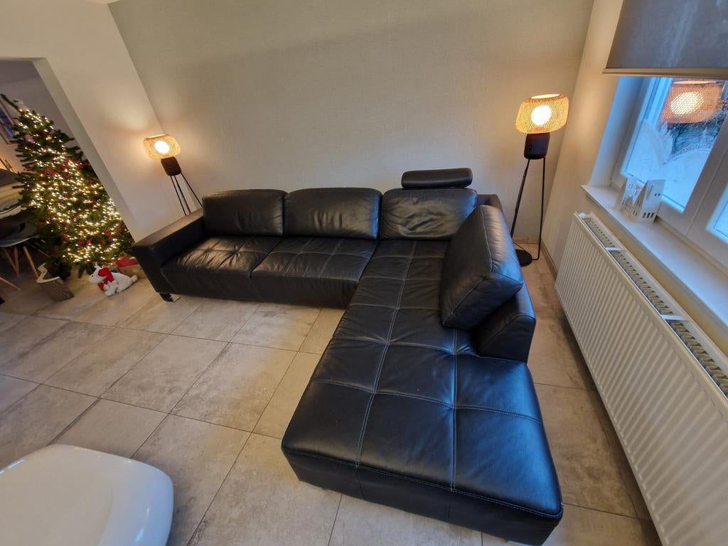 Lederen zithoek 4p zwart, Huis en Inrichting, Ophalen, Gebruikt, Leer