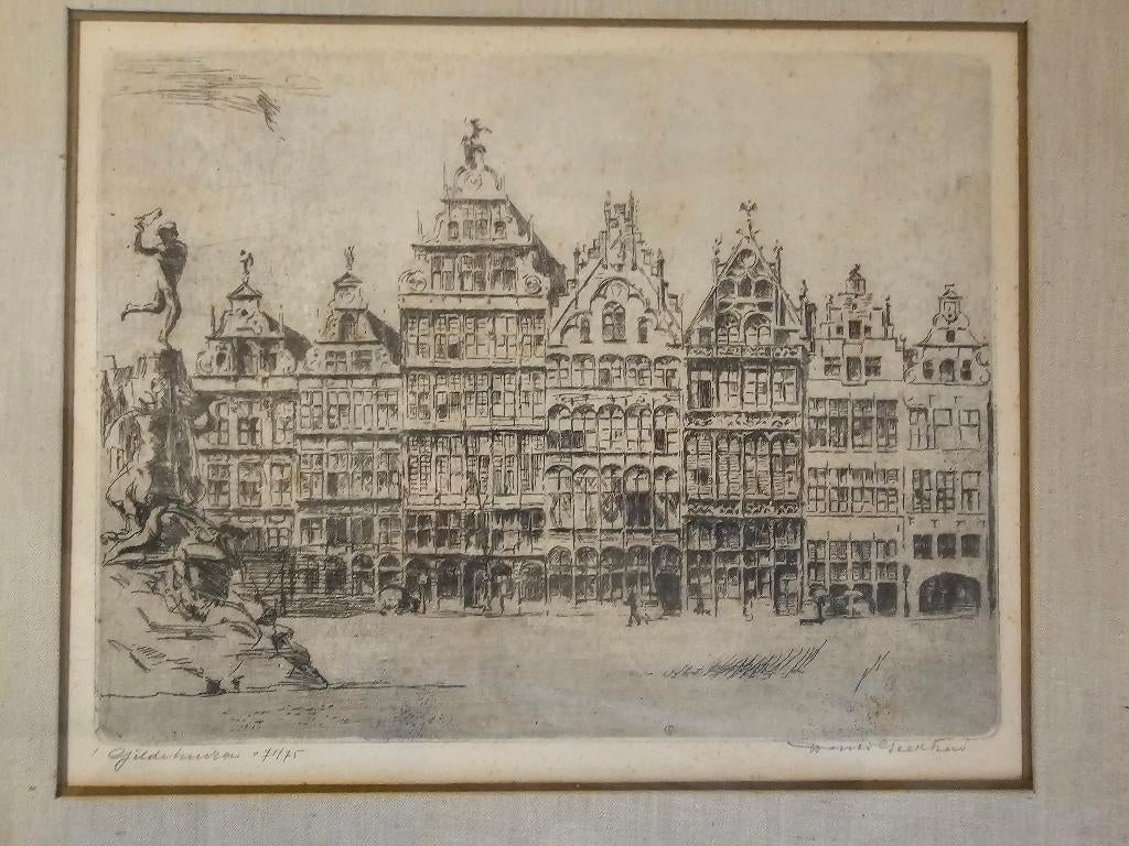 Henri Geertsen grave les maisons de guilde, Enlèvement ou Envoi, Vue urbaine, Eau-forte, Encadré