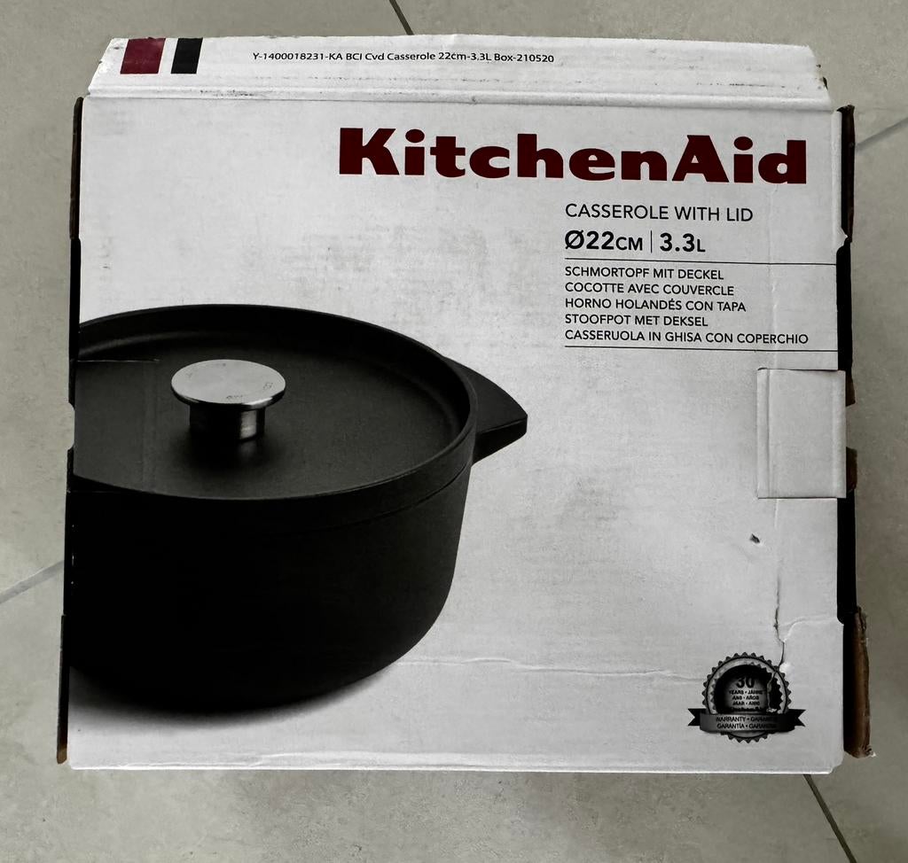 KitchenAid Gietijzeren Braadpan met Deksel - 22cm, 3.3L, Huis en Inrichting, Keuken | Potten en Pannen, Nieuw, Kookpan of Snelkookpan