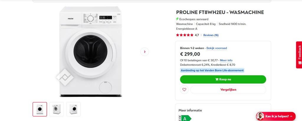 Proline Wasmachine Klasse A/ 8KG, Elektronische apparatuur, Wasmachines, Ophalen, 1200 tot 1600 toeren, 8 tot 10 kg, Nieuw