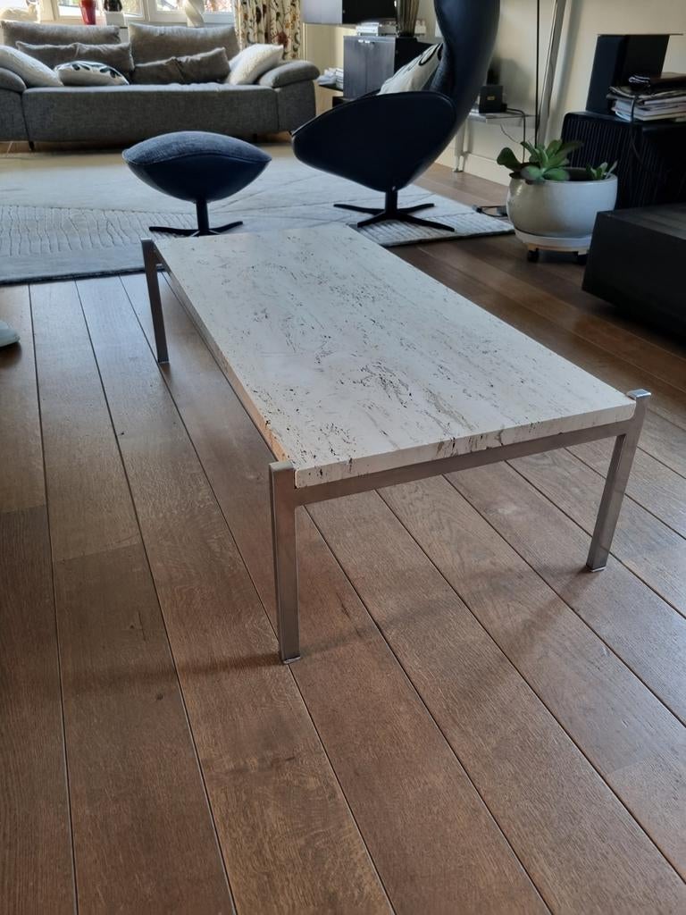 Vintage salontafel, chroom en travertin, Huis en Inrichting, Tafels | Salontafels, Ophalen, Gebruikt, Vintage- tijdloos