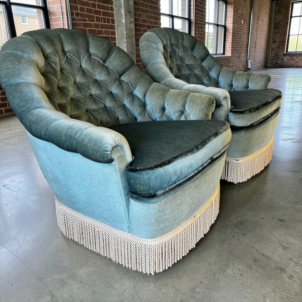 Set van 2 vintage blauwe eenzitten / fauteuils met franjes, Ophalen