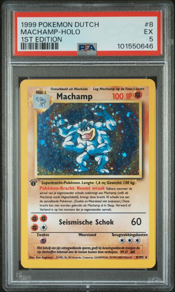 1999 POKEMON DUTCH | 1ST EDITION #8 MACHAMP-HOLO, Hobby en Vrije tijd, Verzamelkaartspellen | Pokémon, Ophalen of Verzenden, Zo goed als nieuw