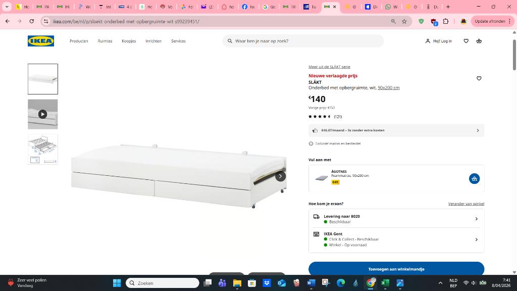 2x sous-lit avec espace de rangement Ikea Slakt, Matelas, Enlèvement, 160 à 180 cm, 85 à 100 cm