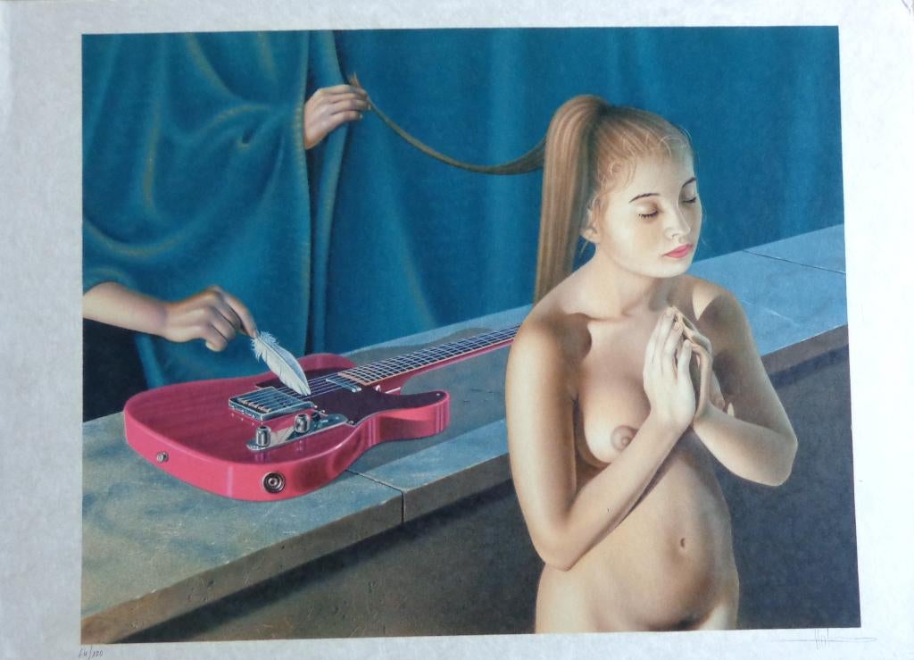 BERNARD MOLDAWAN / NAAKTE VROUW GITAAR / KLEURLITHO 56x76cm, Antiquités & Art, Enlèvement ou Envoi