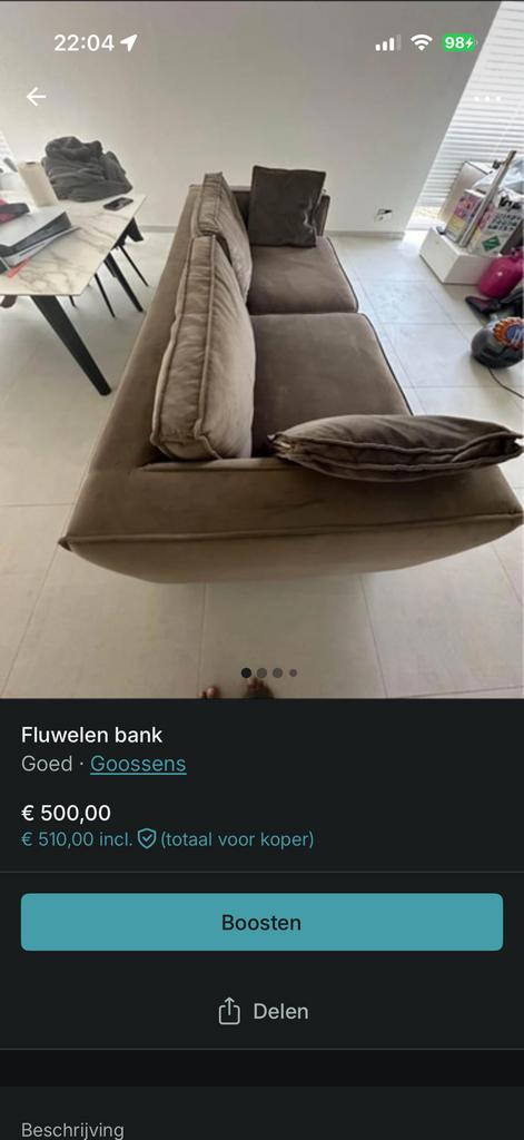 Canapé en velours 3,5 places + causeuse, Trois personnes, Banc droit, Enlèvement, Utilisé