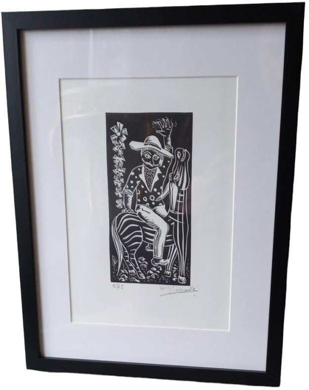 Willy Lecomte houtsnede "zelfportret te paard"., Antiquités & Art, Enlèvement ou Envoi