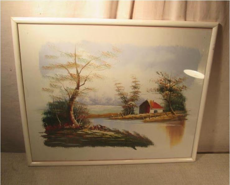 Mooi Oud Geschilderd Werk 'Hoeve en Rivier' - 52x42, Ophalen of Verzenden