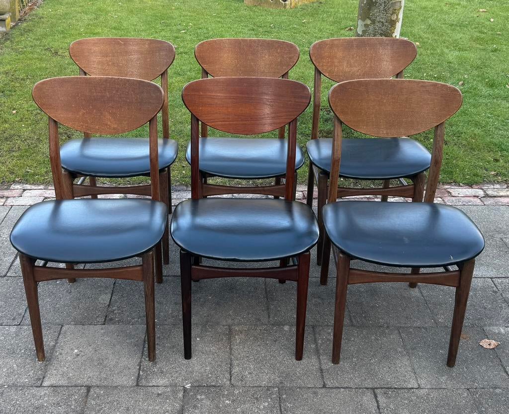 6 vintage stoelen, teak en skai, deense design, Huis en Inrichting, Ophalen, Gebruikt, Bruin, Scandinavisch
