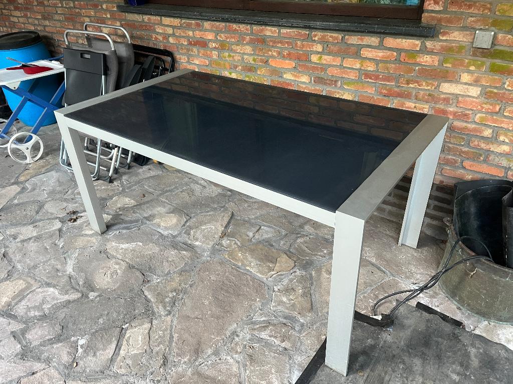 Glazen tafel alluminium met zwart geschildert tafelblad, Ophalen, Gebruikt, Glas, 50 tot 100 cm