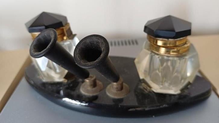 Vintage pennenhouder met inktpotjes, Ophalen, Gebruikt