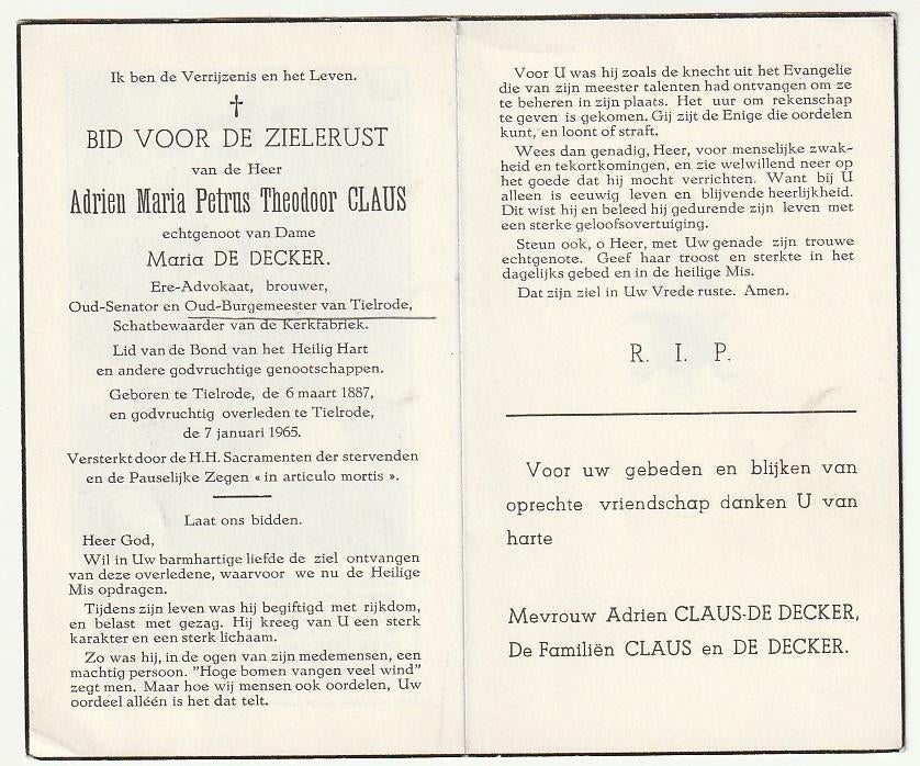 Adrien LAUS De Decker Tielrode 1887 - 1965 Burgemeester, Verzamelen, Verzenden, Bidprentje