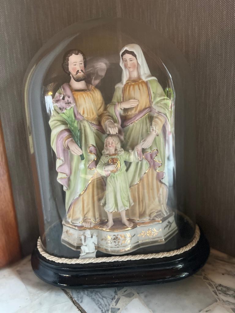 Maria/jozef/jezus beeldje antiek met stolp, Ophalen, Gebruikt, Religie