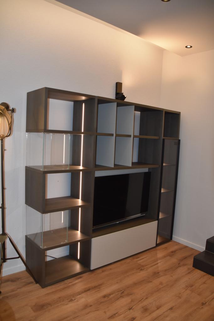 Meuble TV Bibliotheque ASTOR MOBILI, 25 à 50 cm, 200 cm ou plus, Mobilier en placage de chêne-laque mate-verre-métal, Enlèvement