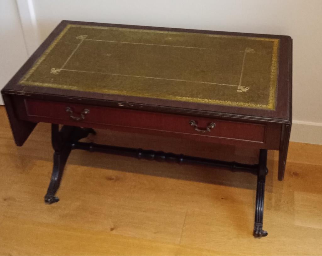 Vintage Engelse salontafel, uitklapbaar, op wielen, leder, Antiek en Kunst, Ophalen