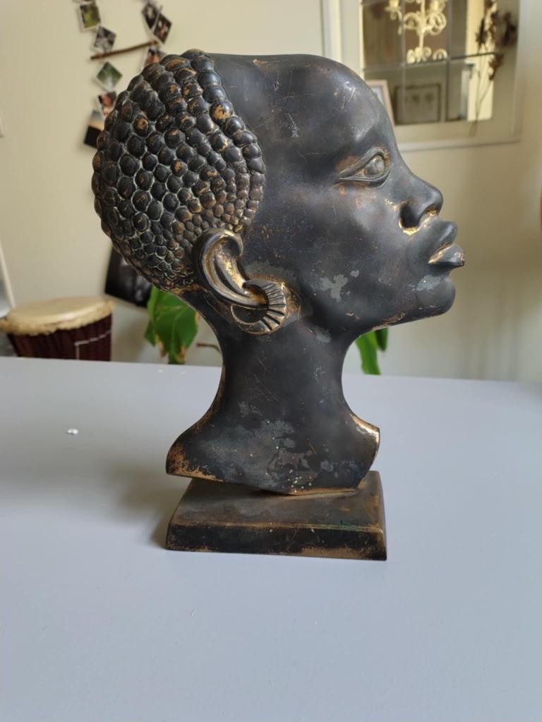 Koperen beeld, vrouwengezicht uit Nigeria., Ophalen of Verzenden