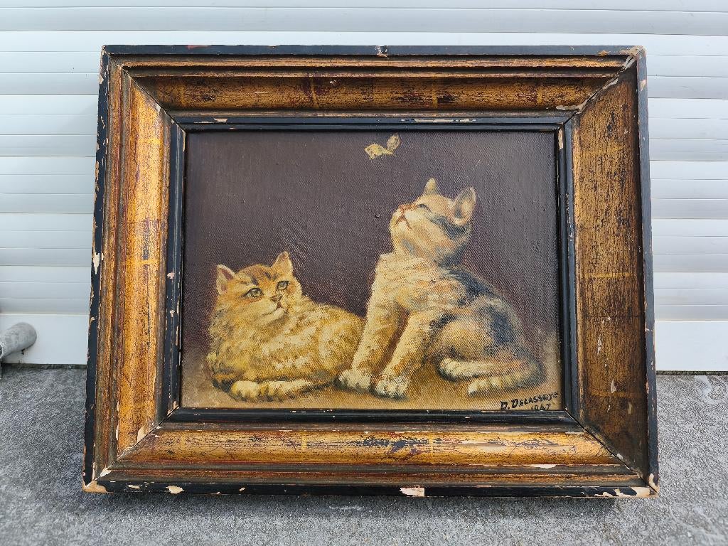 Huile sur toile les chatons signe d delassoye 1947, Antiquités & Art, Art | Peinture | Classique, Enlèvement ou Envoi