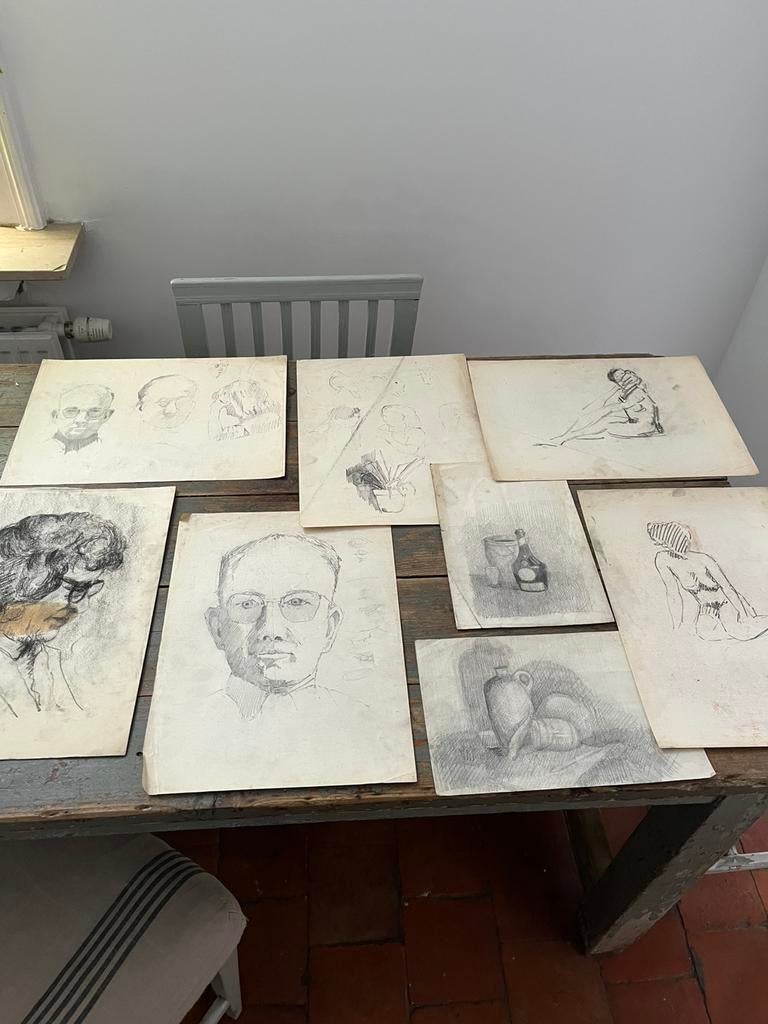 VINTAGE TEKENINGEN POTLOOD PORTRET STILLEVEN NAAKT, Enlèvement ou Envoi