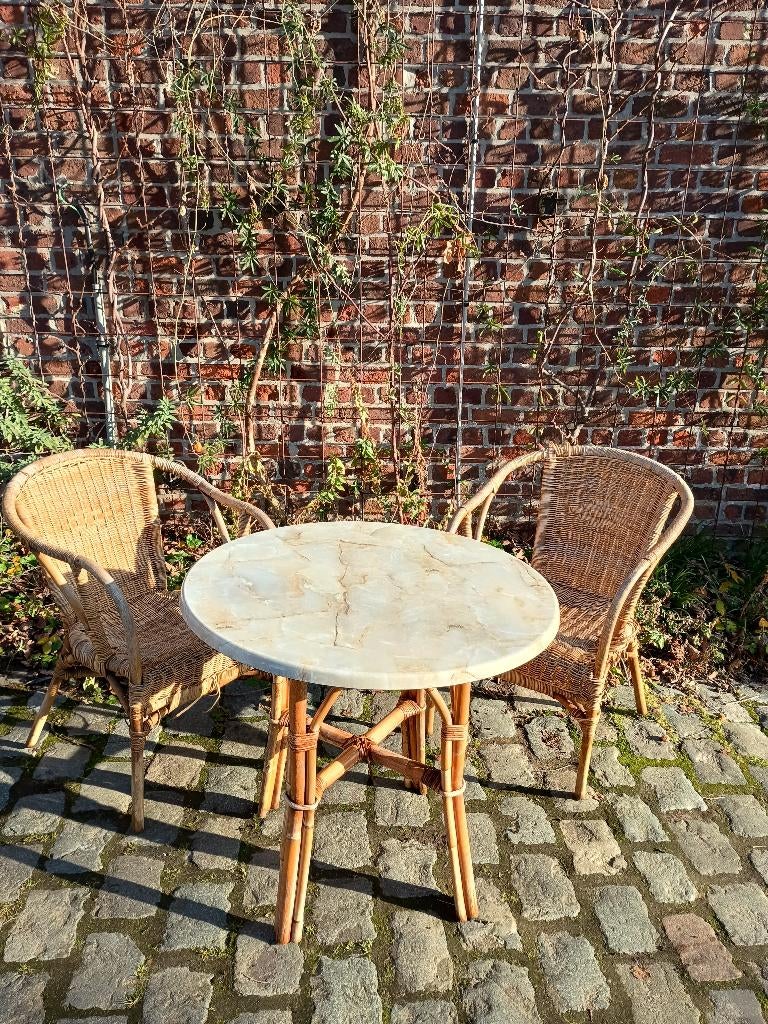 Tuinset van rotan - tafel en twee stoelen, Ophalen, Gebruikt, Rond, Overige materialen