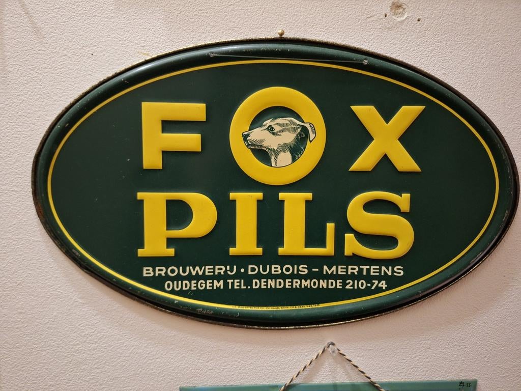 Publicité tole 1950 Fox Pils Dubois Mertens Dendermonde, Enlèvement ou Envoi, Utilisé, Panneau publicitaire