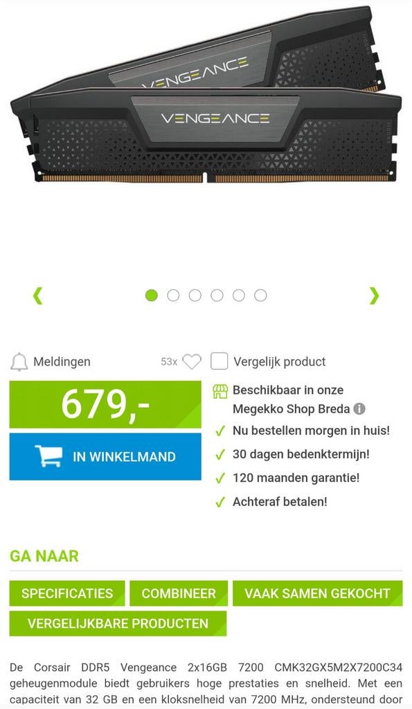 Corsair DDR5 Vengeance 2x16 GB 7200 MHz RAM-stick, Computers en Software, RAM geheugen, DDR5