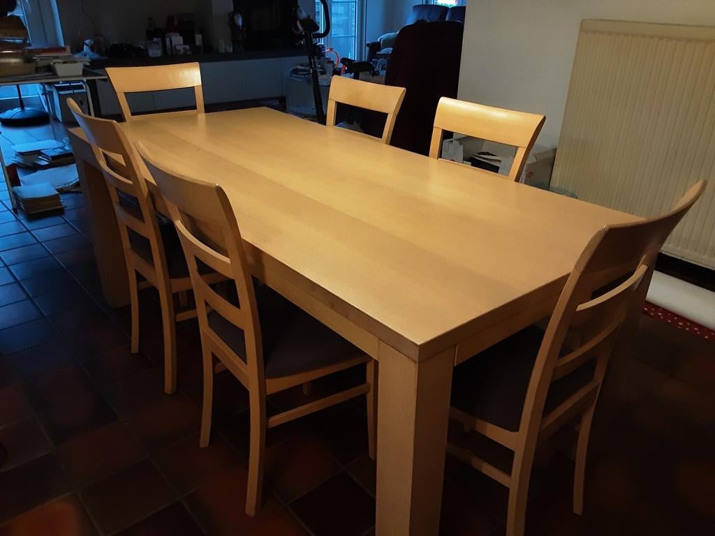 Houten eettafel met bijhorende stoelen, Huis en Inrichting, Tafels | Eettafels, Ophalen, Gebruikt, 50 tot 100 cm, Vijf personen of meer