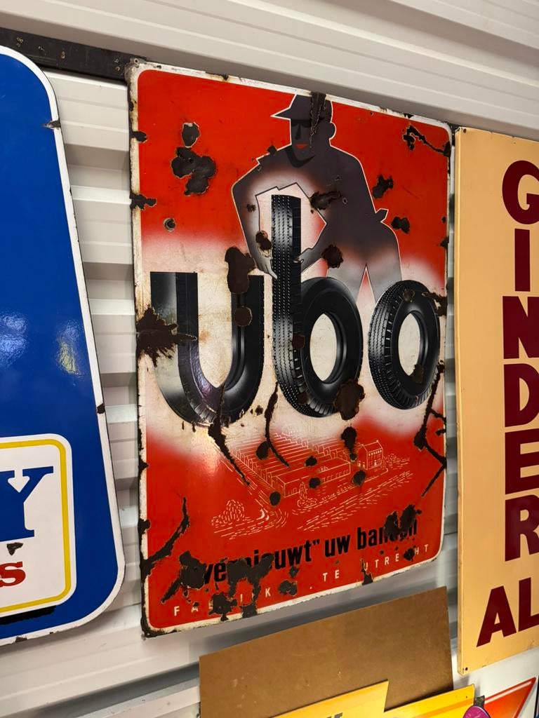 ubo banden groot oud emaille reclamebord, Ophalen, Gebruikt, Reclamebord