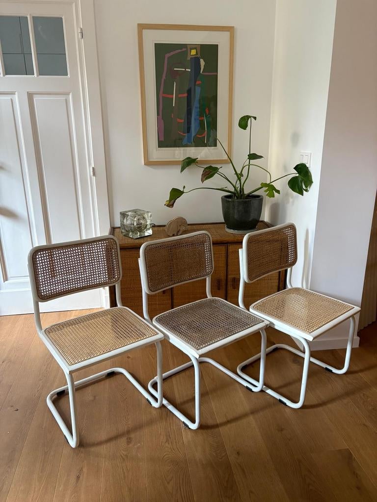 3 stoelen van metaal en rotan, gemaakt in Italië, jaren 70, Huis en Inrichting, Stoelen, Ophalen, Metaal