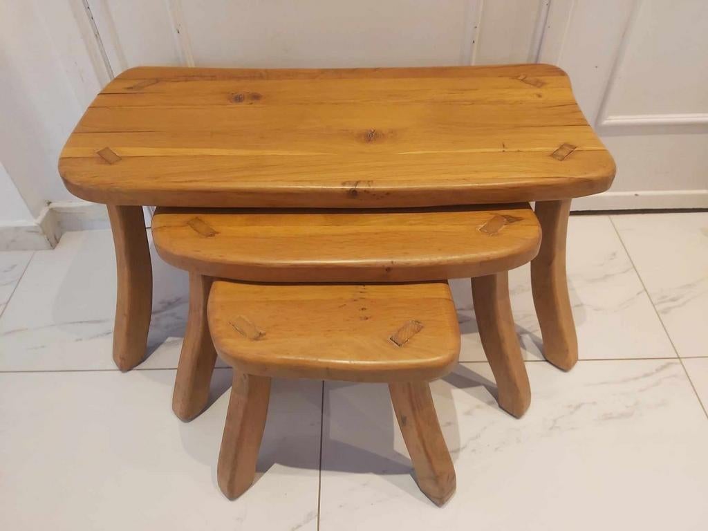 Vintage eikenhouten bijzettafels, 1970. Minimalist Brutalist, Ophalen of Verzenden, Rond