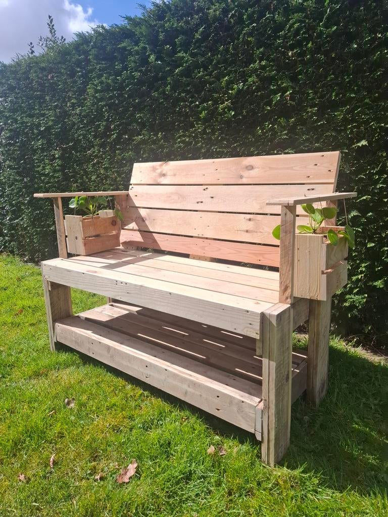 Handgemaakte tuinbank met plantenbanjes + GRATIS plantjes, Ophalen, Nieuw, Hout