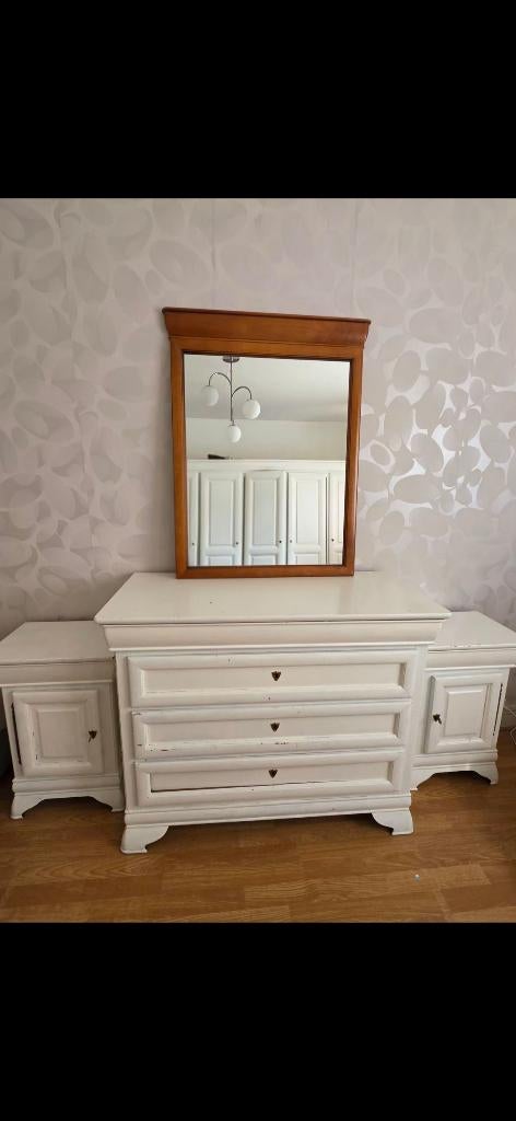 Commode + Miroir + Chevets Merisier (250€ au lieu de 300€)🔥, Enlèvement, Utilisé, Queen size, Louis-Philippe / Classique