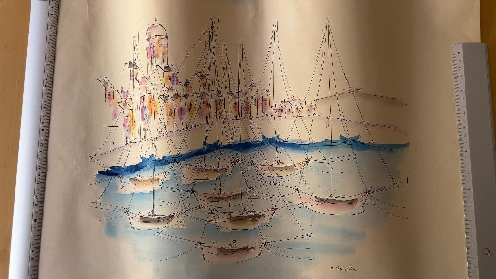 Aquarel haven Collioure – D. Christopher, Ophalen of Verzenden