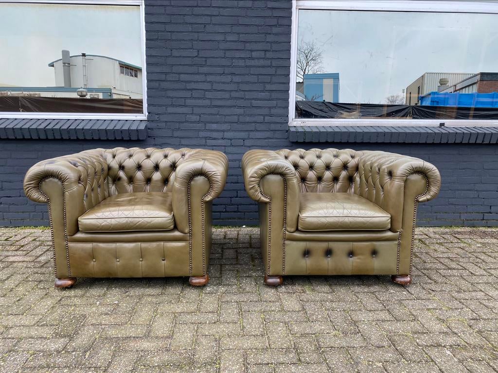 Twee prachtige Chesterfield zetels groen GRATIS GELEVERD!, Antiek en Kunst, Ophalen of Verzenden