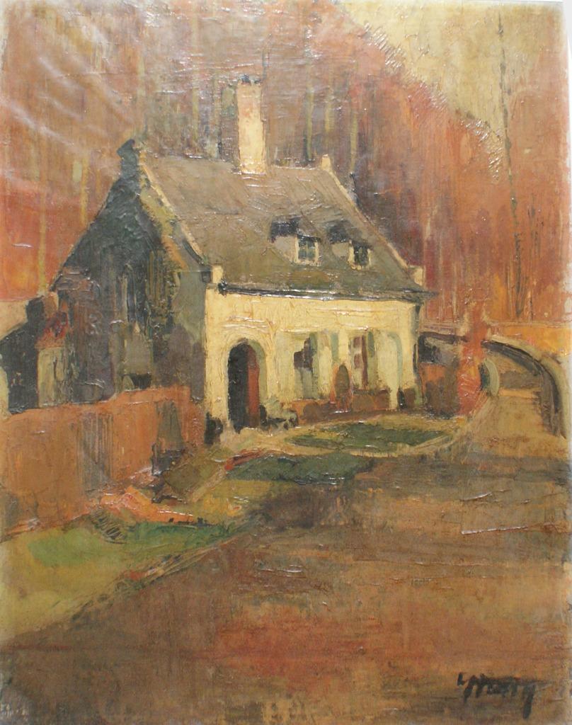 La maison de Bastien - Rouge Cloitre (O/D, 79 x 89 cm), Antiek en Kunst, Kunst | Schilderijen | Klassiek, Ophalen of Verzenden