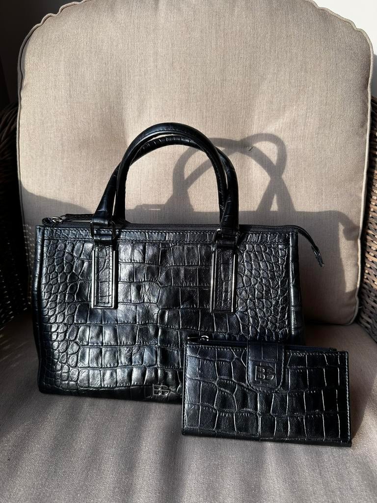 Belluga leren handtas + portefeuille croco zwart – set, Ophalen of Verzenden, Zo goed als nieuw, Zwart, Handtas