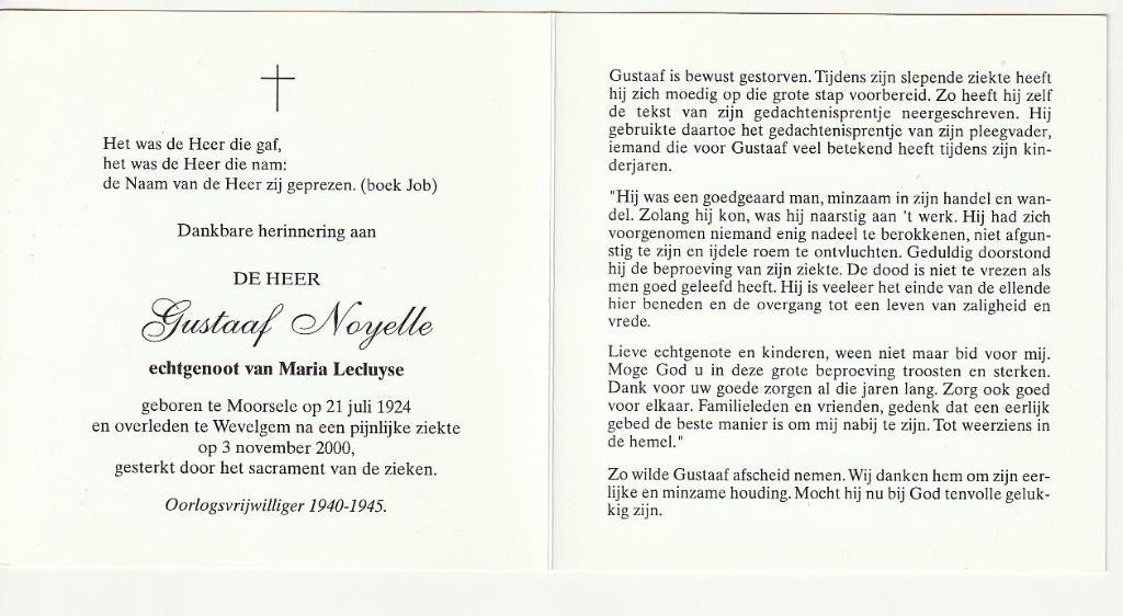 Gustaaf NOYELLE Moorsele Wevelgem 2000 Oudstrijder 1940/1945, Verzamelen, Verzenden, Bidprentje