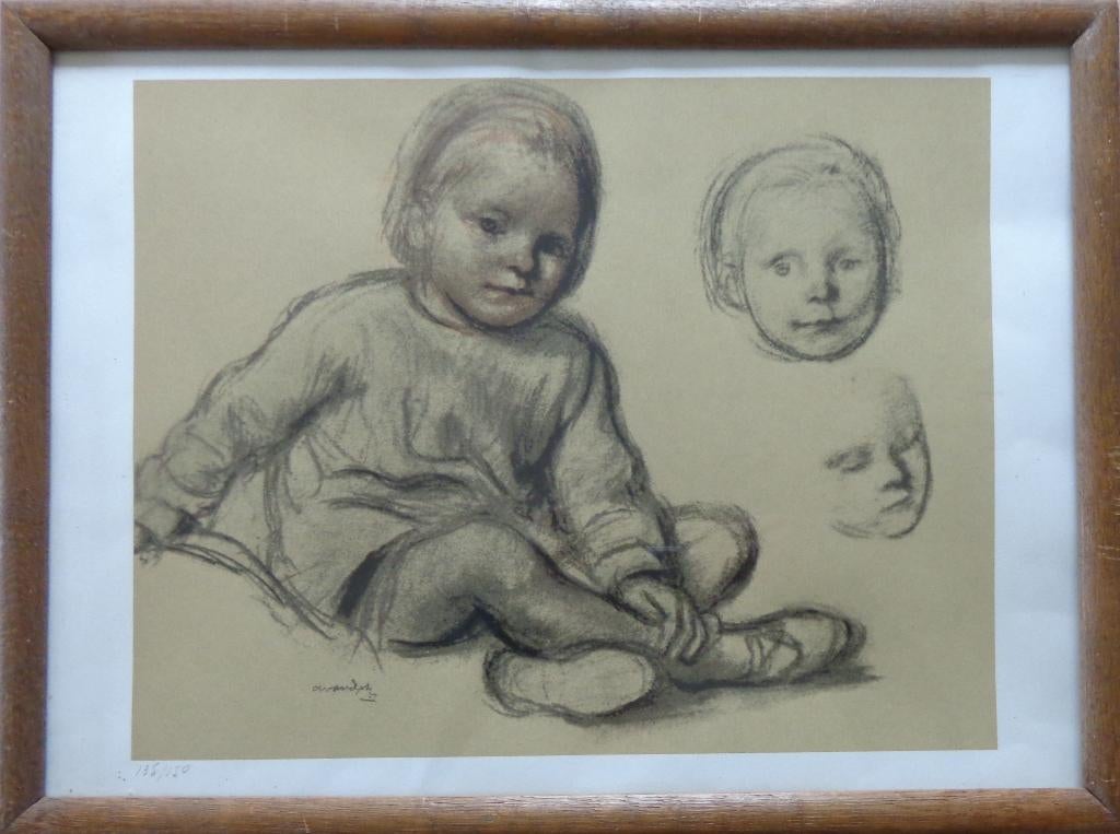 ALBERT VAN DYCK / ZITTENDE MEISJE / LITHO / 36x49cm / KADER, Ophalen of Verzenden