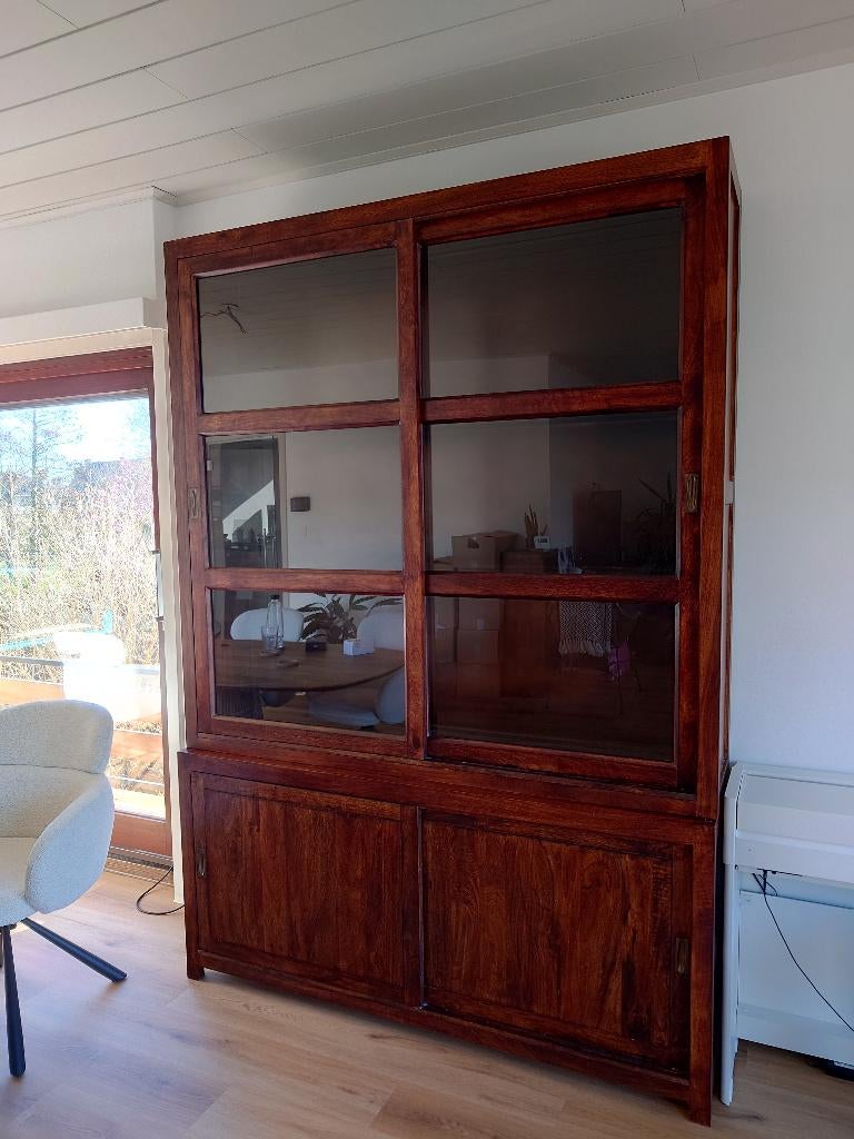 Belle vitrine en bois de manguier massif, 25 à 50 cm, 150 à 200 cm, Comme neuf, Enlèvement