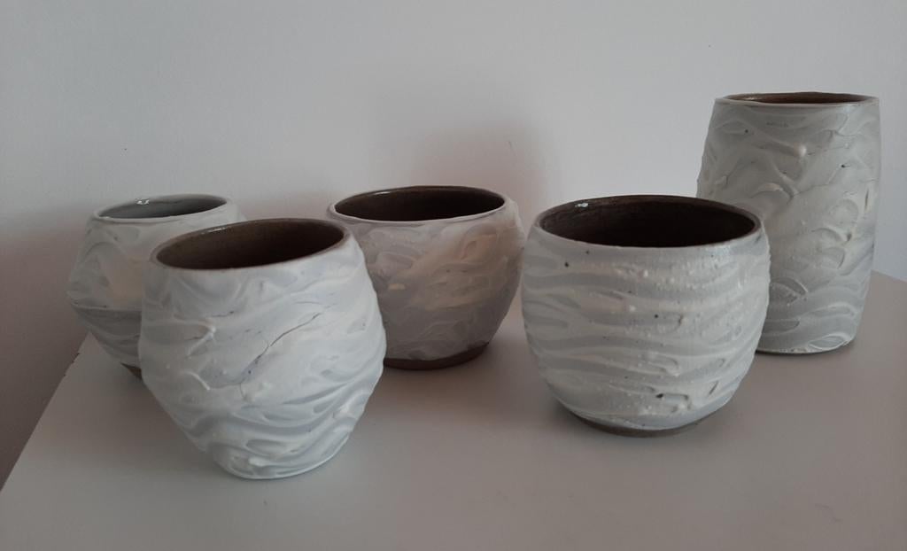 Set keramiek potten en vazen 5 stuks met wit golvend, Huis en Inrichting, Woonaccessoires | Vazen, Ophalen of Verzenden, Nieuw