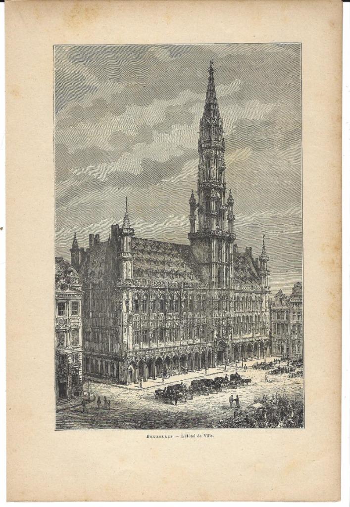 1880 - Bruxelles / Brussel / Grand Place, Antiek en Kunst, Kunst | Etsen en Gravures, Ophalen of Verzenden
