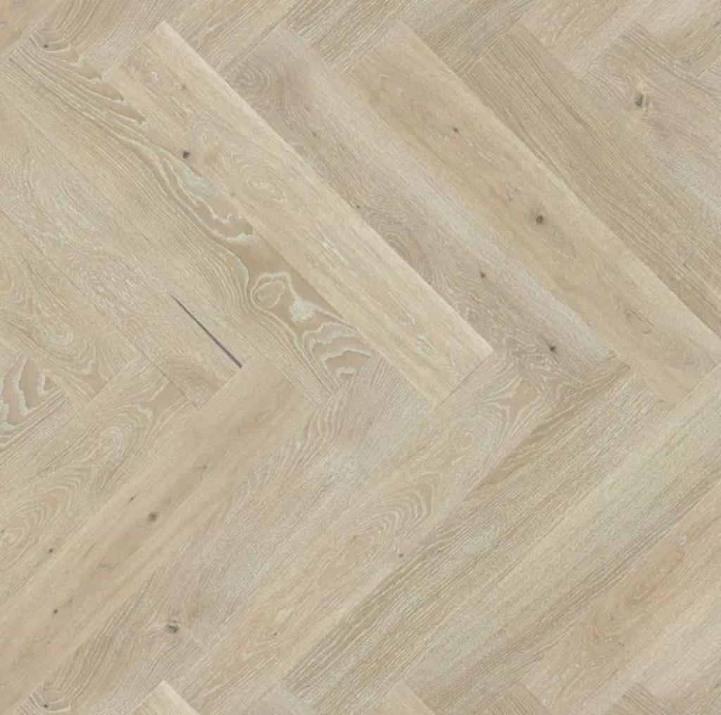 Parquet en Chêne - Bâton Rompu - Vernis Blanc -600x90x15/4mm, Nieuw, 10 m² of meer, Hout, 150 cm of meer