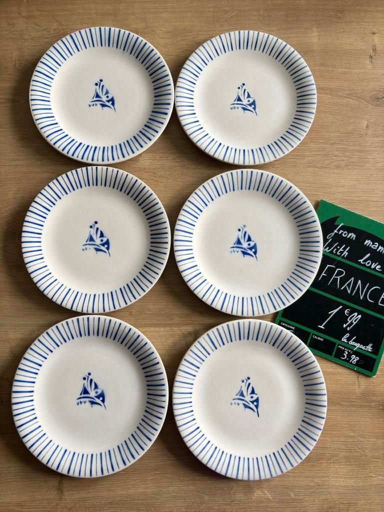 6 assiettes a dessert vintage boch modèle riviera bleu, Assiettes(s), Enlèvement ou Envoi, Comme neuf, Céramique