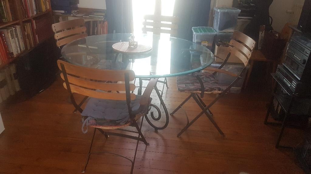 Glazen eettafel en bijhorende stoelen, Huis en Inrichting, Tafels | Eettafels, Gebruikt, 100 tot 150 cm, 150 tot 200 cm, Rond