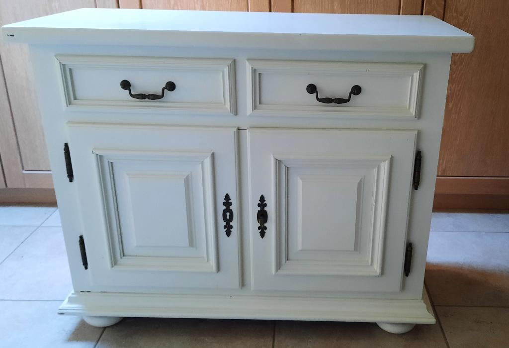 Wit kastje in eik met 2 lades en 2 schappenruimtes, Antiek en Kunst, Antiek | Meubels | Kasten, Ophalen