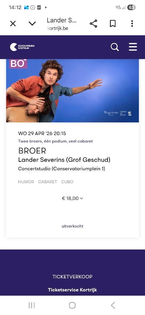 2 Tickets:Optreden Lander severins(grof geschud) in Kortrijk, Tickets en Kaartjes, Twee personen, April, Toneel