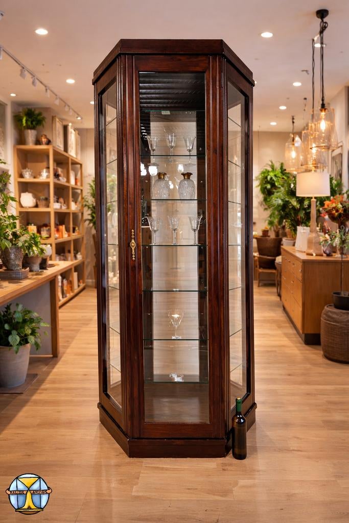 Antieke grote houten winkel vitrinekast hexagon (H206cm), Huis en Inrichting, Kasten | Vitrinekasten, Met deur(en), 200 cm of meer