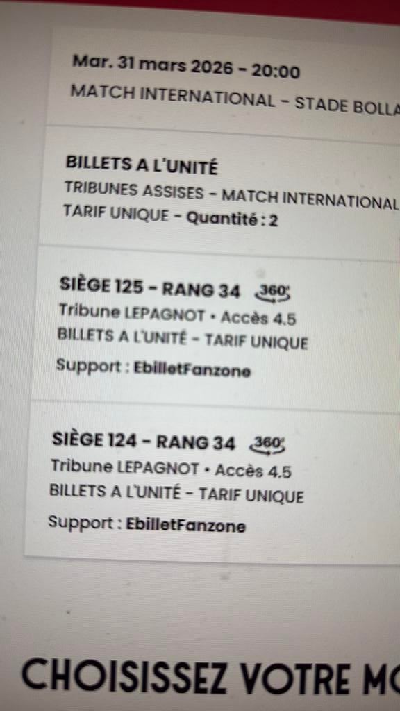 2 billets match Maroc-Paraguay catégorie 2 place cote a cote